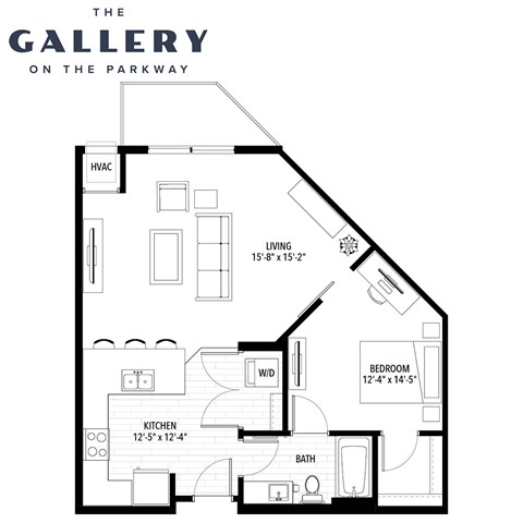 Floor plan for 1 bed, 1 bath, 796 sqft